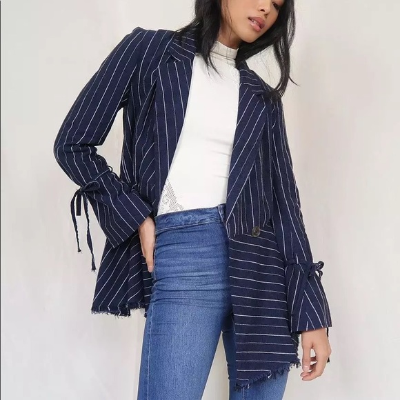 Free People Jackets & Blazers - free people • navy stripe linen stella blazer